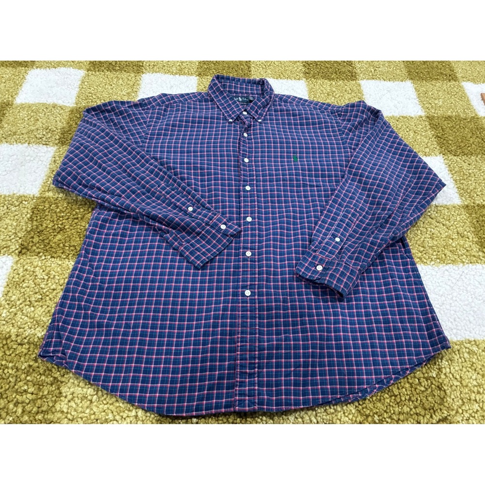 Ralph Lauren Custom Fit Plaid Button Down Shirt XXL Navy Blue Red Green Cotton